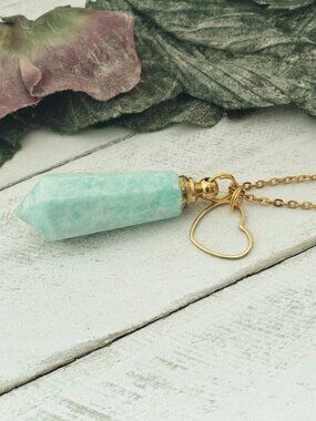 Amazonite Crystal Perfume Bottle Necklace Gold Chain Urn Vial Heart Charm